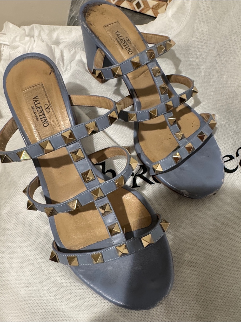 Valentino Light Blue Pyramid Stud Slide Heels 36.5